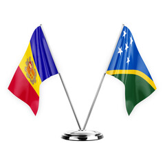 Two table flags isolated on white background 3d illustration, andorra and solomon islands