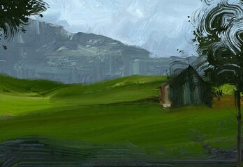 Wall Mural - Oil painting landscape art. Rural mountain region. Colorful green field and grass. Summer time. Countryside.