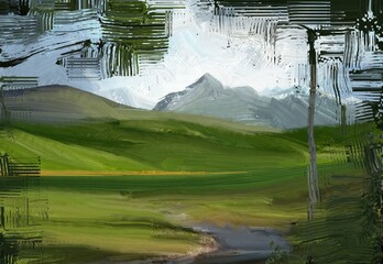 Wall Mural - Oil painting landscape art. Rural mountain region. Colorful green field and grass. Summer time. Countryside.