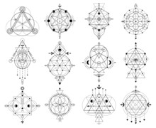 Sacred Geometry Figures, Abstract Mystic Linear Shapes. Mystical Linear Occult Signs Vector Illustration Set. Geometric Sacred Alchemy Symbols