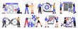 Agile project management, devOps team and scrum task board. Software developers, it devOps team and agile workflow vector illustration set. Project life cycle