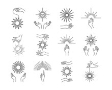 Line Hands With Suns. Esoteric And Astrology Vintage Elements, Sun Geometry Outline Graphic Vector Set
