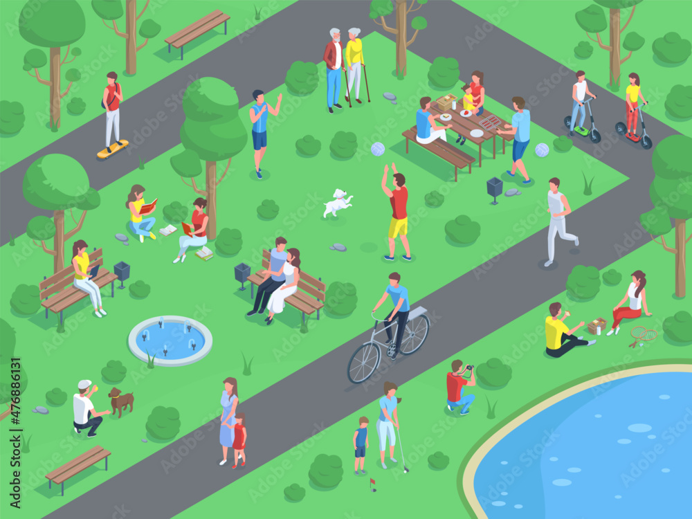 Isometric city park landscape with people doing outdoor activities ...