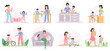 © WinWin - Motherhood activities, moms and children reading books, playing, cooking. Happy family, moms with kids spend time together vector illustration set. Mothers and children scenes