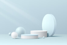 Realistic White And Blue 3D Cylinder Pedestal Podium Set With Geometric Group And Balls. Pastel Minimal Scene For Products Showcase, Promotion Display. Vector Abstract Studio Room Platform Design.