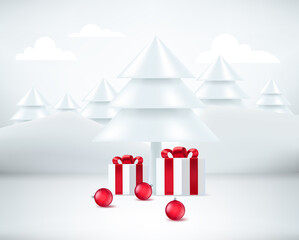 Aufkleber - Christmas showcase with gift boxes and red baubles. 3d style vector illustration