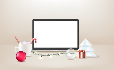 Poster - Modern laptop with blank screen on a table with crhistmas decorations. 3d vector banner with copy space