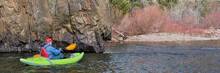 Senior Male Kayaker Is Paddling A Whitewater Inflatable Kayak On A Mountain River - Poudre River In Northern Colorado, Panoramic Web Banner