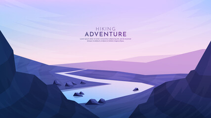Wall Mural - Vector illustration. Minimalist polygonal design. Nature landscape background. Panoramic view. Design element for web banner, website template. Cartoon flat style. Rocks and hills by water. Evening