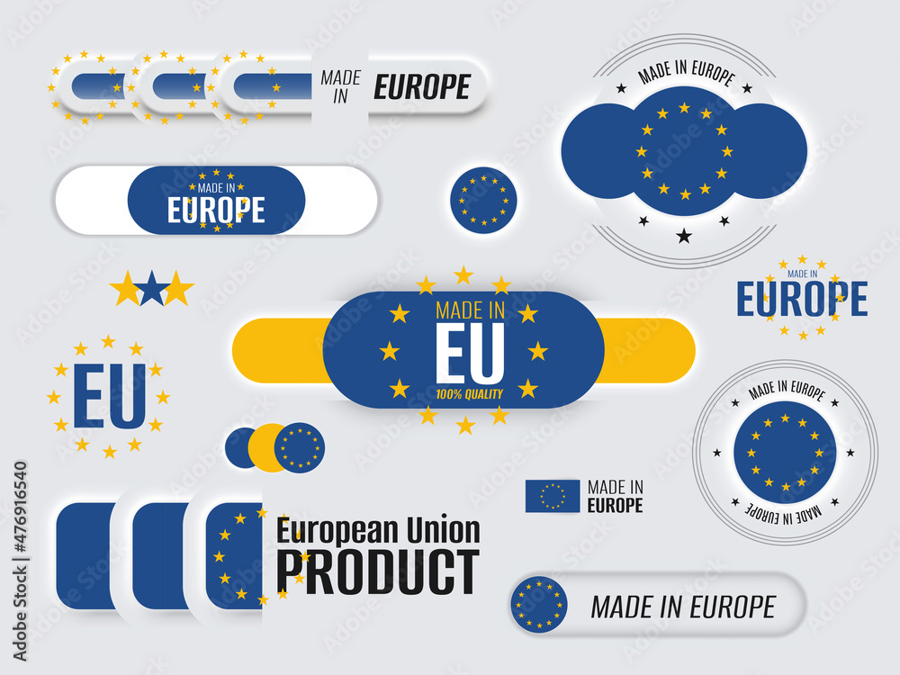 Neomorphic 3d mock up European Union flag buttons set. Made in Europe ...