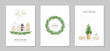 Set of greeting cards Merry Christmas and Happy New Year in Scandinavian style. Wooden houses, a festive wreath with greenery, a small pine tree wrapped in craft paper, gifts.