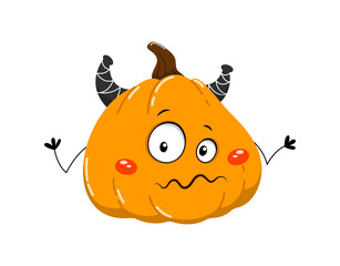 Wall Mural - Cute pumpkin scary. Social media sticker. Halloween and badges for childrens. Big character tries to scare, celebration of fear. Cartoon flat vector illustration isolated on white background