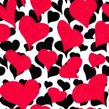 Seamless Pattern. Red, Black Hearts On A White Background. Endless Background For Valentine's Day, Wedding, Birthday, Holidays.
