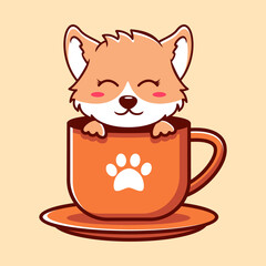 Wall Mural - Cute Cat And Cup Cartoon Icon Illustration. Animal Flat Cartoon Style