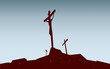 Silhouetted dark red image of the Crucifixion of Jesus Christ and the two thieves on Golgotha or Calvary, with blue gray background.