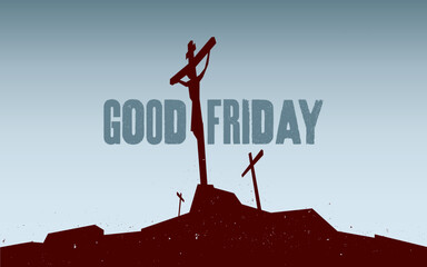 Wall Mural - Good Friday image with image of crucifixion of Jesus Christ on Calvary, with two thieves. Silhouette image is dark red with gray-blue sky background. 