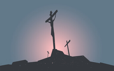 Wall Mural - Silhouetted image of the Crucifixion of Jesus Christ and the two thieves on Golgotha or Calvary, with blue and pink background.