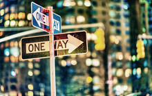 One Way Signs At Night In New York City - Manhattan.