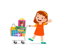 Cute Little Girl Push Shopping Cart Full Of Groceries