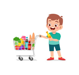 Wall Mural - cute little boy push shopping cart full of groceries