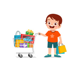 cute little boy push shopping cart full of groceries