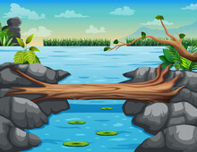 Illustration Of Log Bridge With Beautiful River