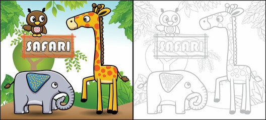 Wall Mural - Cartoon of safari animals. Giraffe, elephant and owl. Coloring book or page