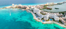 Aerial Panoramic View Of Cancun Beach And City Hotel Zone In Mexico. Caribbean Coast Landscape Of Mexican Resort With Beach Playa Caracol And Kukulcan Road. Riviera Maya In Quintana Roo Region On