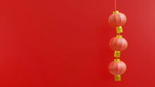 Happy Chinese New Year. Chinese Lantern Cylindrical Shape On Red Background, Hanging Red Paper Lantern Traditional Lamp, Luxury CNY Element For Web Design, Lantern Festival, 3D Rendering Illustration