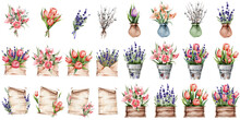 A Set Of Spring Flowers In Wooden Boxes, Pots, Envelopes. Lily, Tulips, Lavender. Great For Stickers, Postcards, Decor And More.