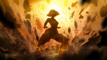 Slender Girl Kung Fu Master Wielding The Power Of The Elements Of The Earth, In A Low Fighting Stance Mabu She Is Overwhelmed By The Power From Which The Stones Around Fly Up Erasing Into Dust. 2d Art
