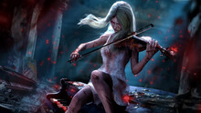 A Touching Vampire Girl In A White Dress Plays The Violin In The Ruins Of The Theater Sitting On Old Piano, She Is Wounded And Her Hands Are Elbow-deep In Blood And Tears In Her Red Eyes. 3d Rendering