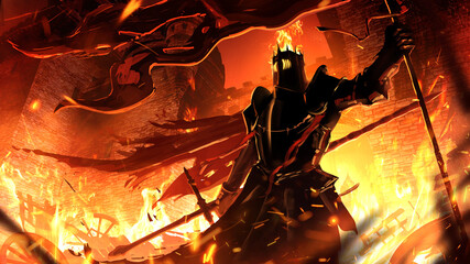 A black flaming chaos knight with a dark flag and a two-handed sword, victoriously stands in the burning ruins of a medieval castle. There is a fire burning in his helmet, he has a torn cloak. 2d art