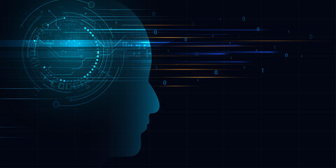 Poster - Technology Artificial intelligence (AI) brain animation digital data concept. Big Data Flow Analysis. Deep Learning Modern Technologies. Futuristic Cyber Technology Innovation.