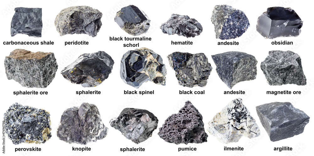 various unpolished black rocks with names cutout Stock Photo | Adobe Stock