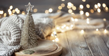 Decorative Christmas Tree On Blurred Background With Bokeh.