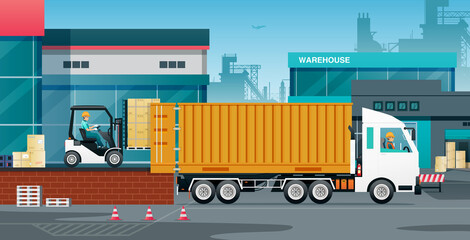 Wall Mural - Workers loading goods into trucks with containers.