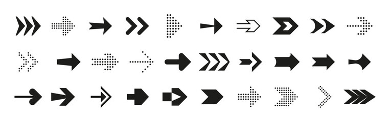 Poster - Direction arrows. Forward back up and down interface symbols. Left or right dynamic shapes collection. Black line or dotted icons. Menu signs. Vector navigation or orientation pointers set