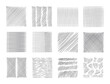 Pencil sketch line. Pen scribble effects. Doodle freehand sketchy clipart. Messy hand drawn monochrome pattern. Square shapes with outline ornaments. Vector black hatching textures set