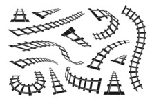 Black Railway. Train Track And Straight Railroad Silhouette. Subway And Tram Journey Road. Transport Railing Way Contour Parts. Industrial Construction. Vector Rails And Sleepers Set