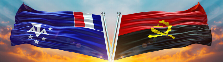 Southern and Antarctic Lands flag and Angola Flag waving with texture sky Cloud and sunset Double Flag 