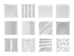 Aufkleber - Pencil sketch line. Pen scribble effects. Doodle freehand sketchy clipart. Messy hand drawn monochrome pattern. Square shapes with outline ornaments. Vector black hatching textures set