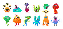 Alien Monster. Cartoon Baby Space Creature Characters. Friendly Beast Mascot. Scary Mutants Collection. Colorful Gremlins And Goblins With Eyes. Comic Demons. Vector Virus Pathogens Set