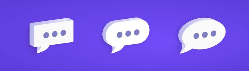 Poster - 3D Chat icon set. Set of 3D speech bubble icons isolated on purple background.  3d white speech bubble collection set.