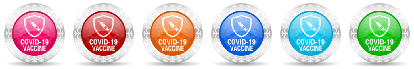 Poster - Covid-19 vaccine icon set in 6 color options. Christmas design glossy web buttons. Winter concept illustration with snowflakes.