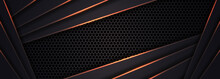 Dark Grey Abstract Wide Horizontal Banner With Hexagon Carbon Fiber Grid And Orange Luminous Lines. Technology Vector Background With Orange Neon Lines. Futuristic Luxury Modern Vector Backdrop.