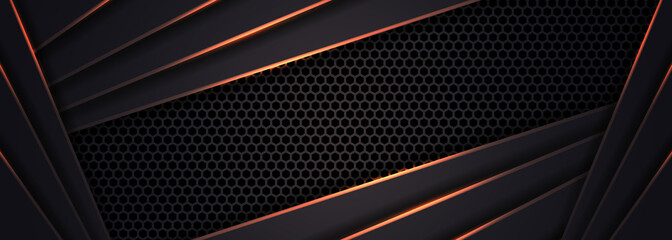 Wall Mural - Dark grey abstract wide horizontal banner with hexagon carbon fiber grid and orange luminous lines. Technology vector background with orange neon lines. Futuristic luxury modern vector backdrop.