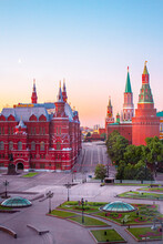 Panoramic View Of The Center Of Moscow At Dawn: The Historical Museum, Red Square And The Kremlin