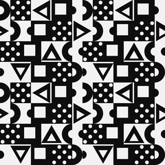 Poster - Abstract background of polka dots, triangles, halves of a circle and squares. Vector seamless and abstract background of black shapes on a white background. Geometric shapes and mosaic pattern.