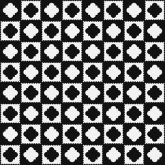 Poster - Chess board, can be seamless background. Decor pattern in the center of each cell is in reverse color. Black and white checkers.
